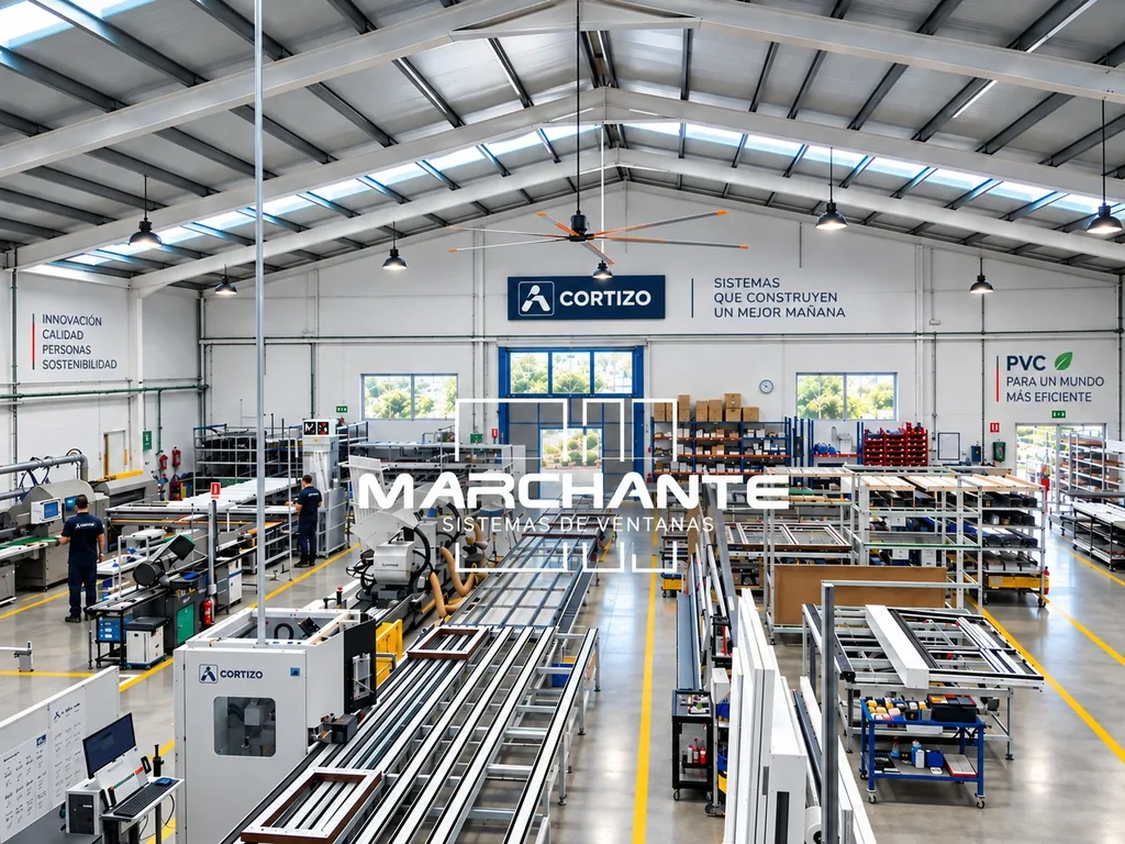 Nave de fabricación de Marchante PVC, con maquinaria Cortizo y el equipo trabajando en la línea de producción