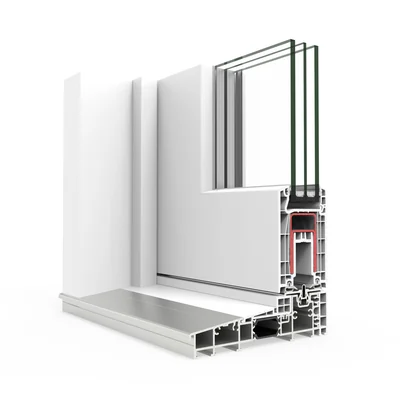 Sección del perfil E170 corredera elevadora en PVC blanco con umbral de aluminio