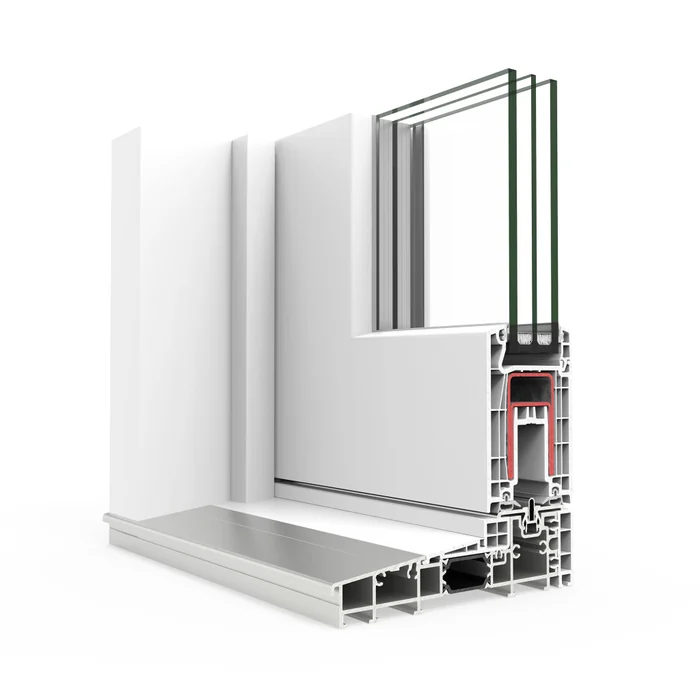 Sección del perfil E170 corredera elevadora: PVC blanco, triple vidrio y umbral de aluminio